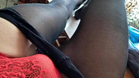 Crossdresser teases sexy in red panties and black tights - Image # 4