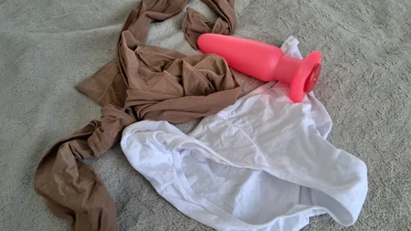 Guy in nylon pantie hose dildo anal play action - Image # 1